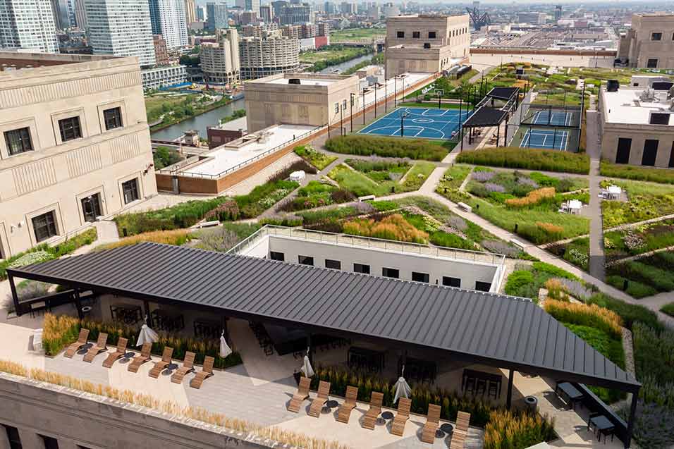 View of the Meadow urban rooftop space at Chicago's Old Post Office building