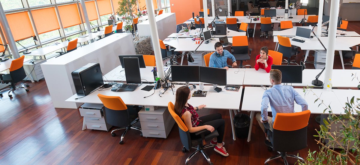 four tech workers in an open office space